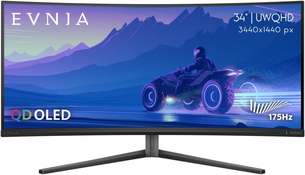 Philips Evnia 34M2C6500 QD OLED Curved Gaming Monitor, WQHD 3440 x 1440, 175Hz, USB-C Hub, Height Adjustable, 4-Year Advance Replacement, Gaming Console Compatible Philips Evnia 34M2C6500 QD OLED Curved Gaming Monitor, WQHD 3440 x 1440, 175Hz, USB-C Hub, Height Adjustable, 4-Year Advance Replacement, Gaming Console Compatible