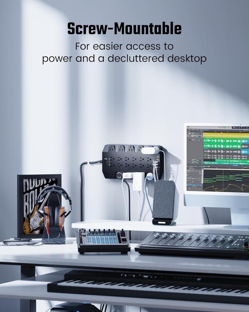 Power Strip, SUPERDANNY Surge Protector with 22 AC Outlets, 2 USB-C and 4 USB Ports, 1875W/15A, 2100J, 6.5Ft Extension Cord Surge Protector Power Strip with Wall Mount Holes for Home, Office, Dorm