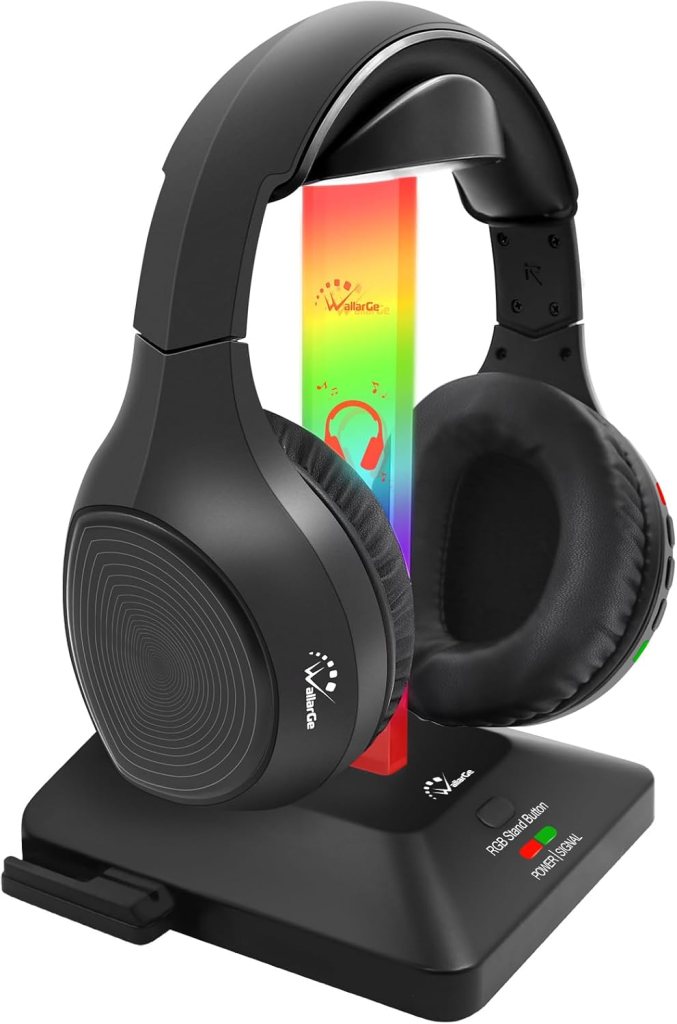WallarGe Wireless Headphones for TV Watching with 5.8GHz RF Transmitter Charging Dock, Over-On Ear TV Headphones Wireless for 25Hrs Playtime and No-Sync Delay, PlugPlay