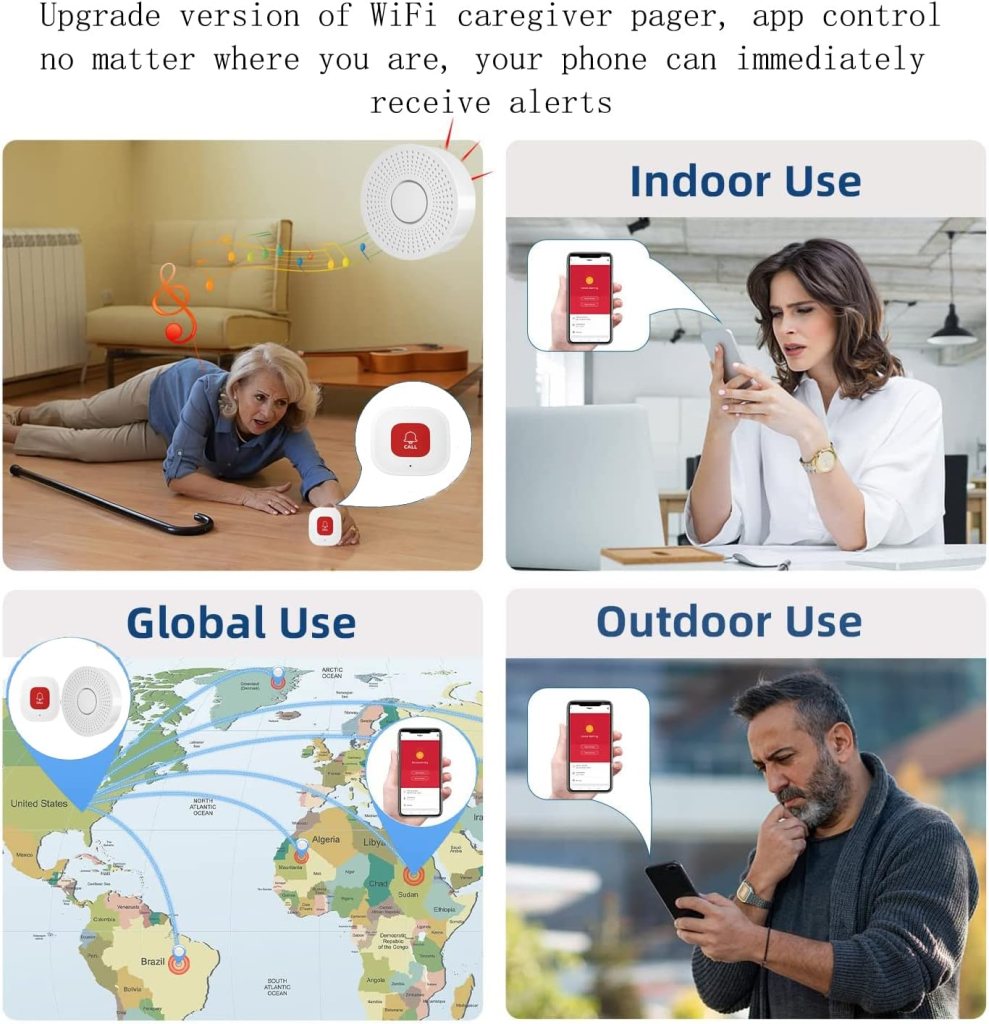 WiFi Caregiver Pager Call Button Wireless Call Bell Nurse Alert System Emergency Alert Button for Elderly Patient Seniors Disabled 1 SOS Call Button 1 Receiver(Supports 2.4GHz WiFi Only)