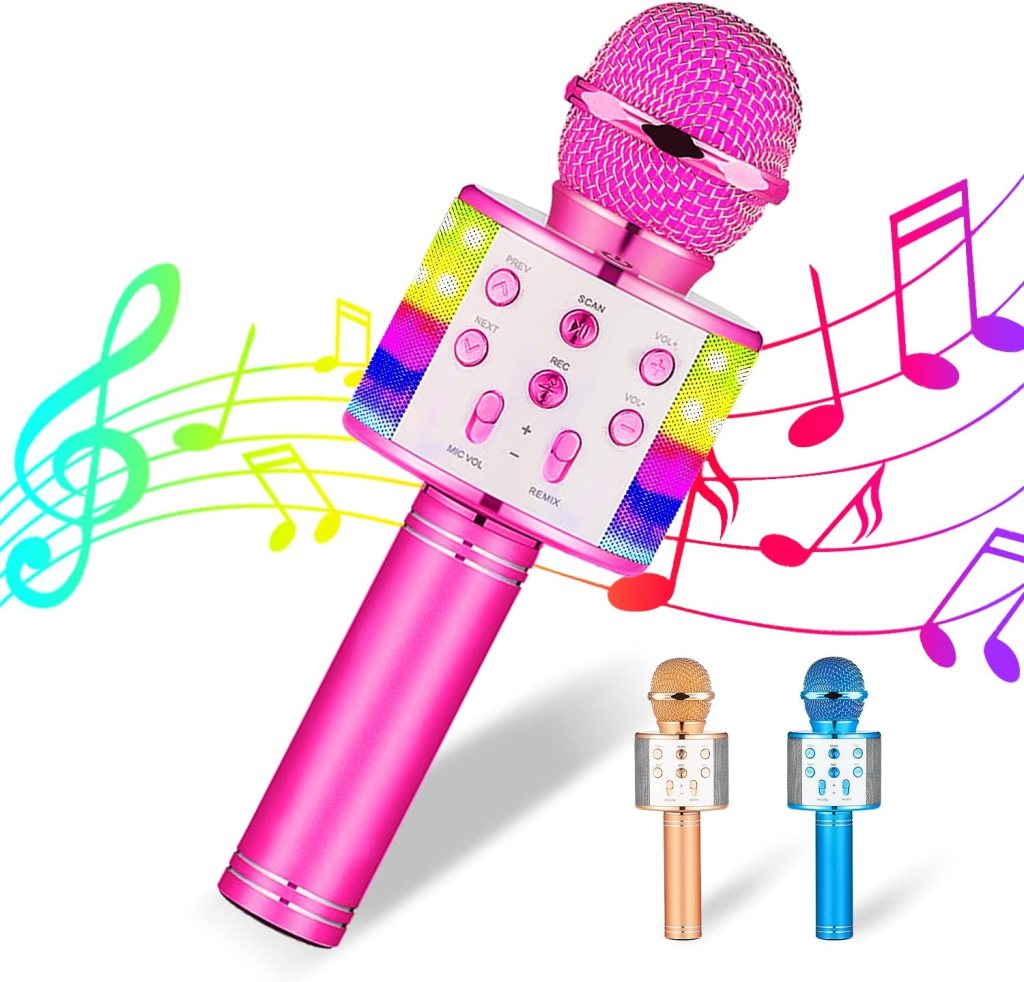 4 in 1 Portable Karaoke Microphone for Kids, Handheld Home Party Microphone with Magic Voice, Best Birthday for Kids, Suitable Android/iPhone PC and All Smartphone,Pink