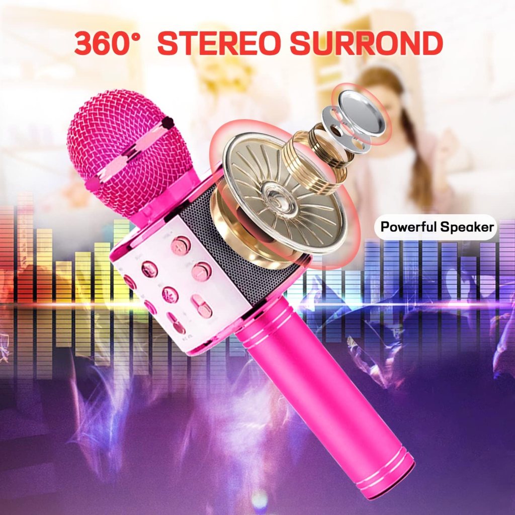 4 in 1 Portable Karaoke Microphone for Kids, Handheld Home Party Microphone with Magic Voice, Best Birthday for Kids, Suitable Android/iPhone PC and All Smartphone,Pink