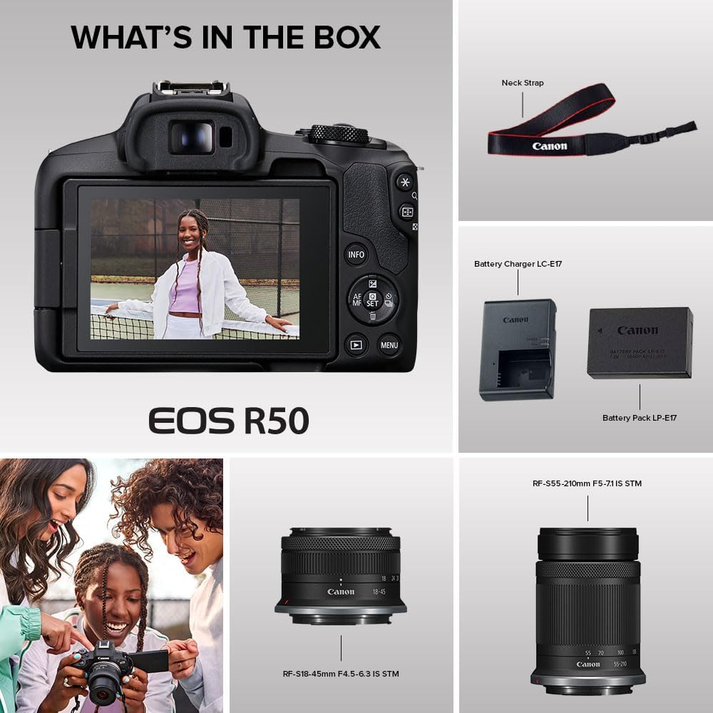 Canon EOS R50 Mirrorless Camera RF-S18-45mm F4.5-6.3 is STM Lens Kit, 24.2 Megapixel CMOS (APS-C) Sensor, 4K Video, Hybrid Camera, Photo and Video, Vlogging, Content Creator, RF Mount, White