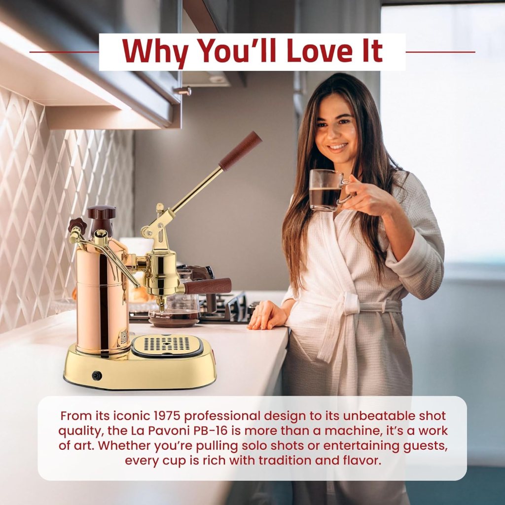 La Pavoni Professional 16-Cup Lever Espresso Machine - Copper and Brass Espresso Maker with Bottomless Portafilter - 38oz Boiler with Pressure Gauge - Manual Lever Operation - Made in Italy