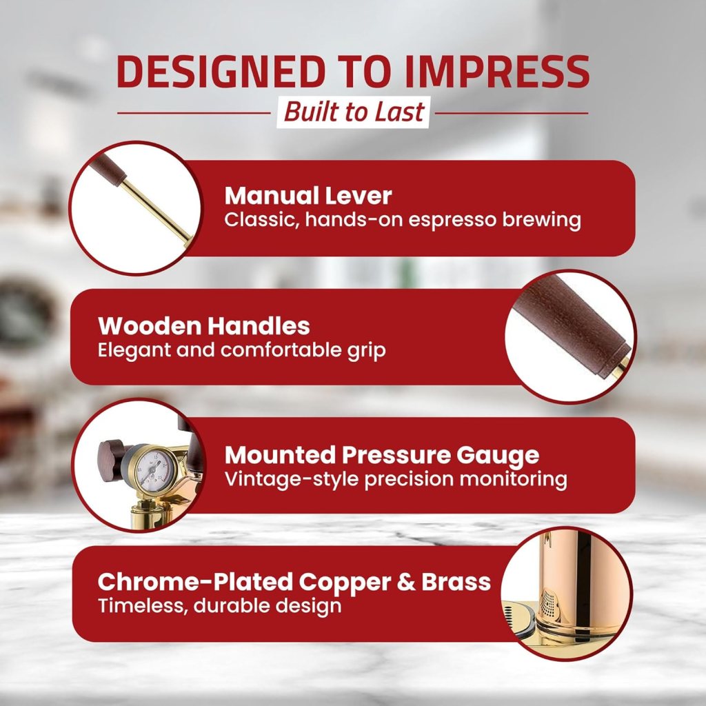 La Pavoni Professional 16-Cup Lever Espresso Machine - Copper and Brass Espresso Maker with Bottomless Portafilter - 38oz Boiler with Pressure Gauge - Manual Lever Operation - Made in Italy