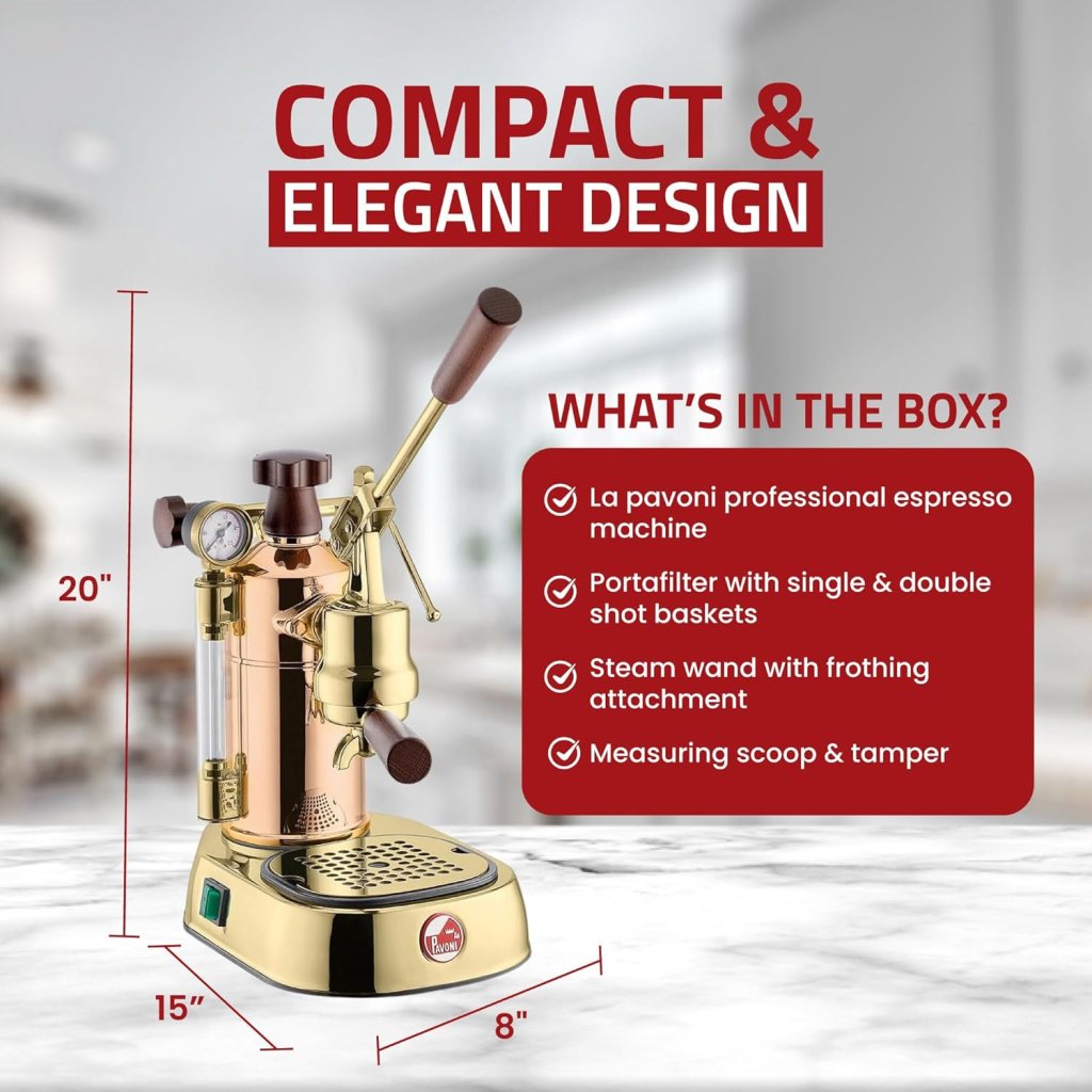 La Pavoni Professional 16-Cup Lever Espresso Machine - Copper and Brass Espresso Maker with Bottomless Portafilter - 38oz Boiler with Pressure Gauge - Manual Lever Operation - Made in Italy