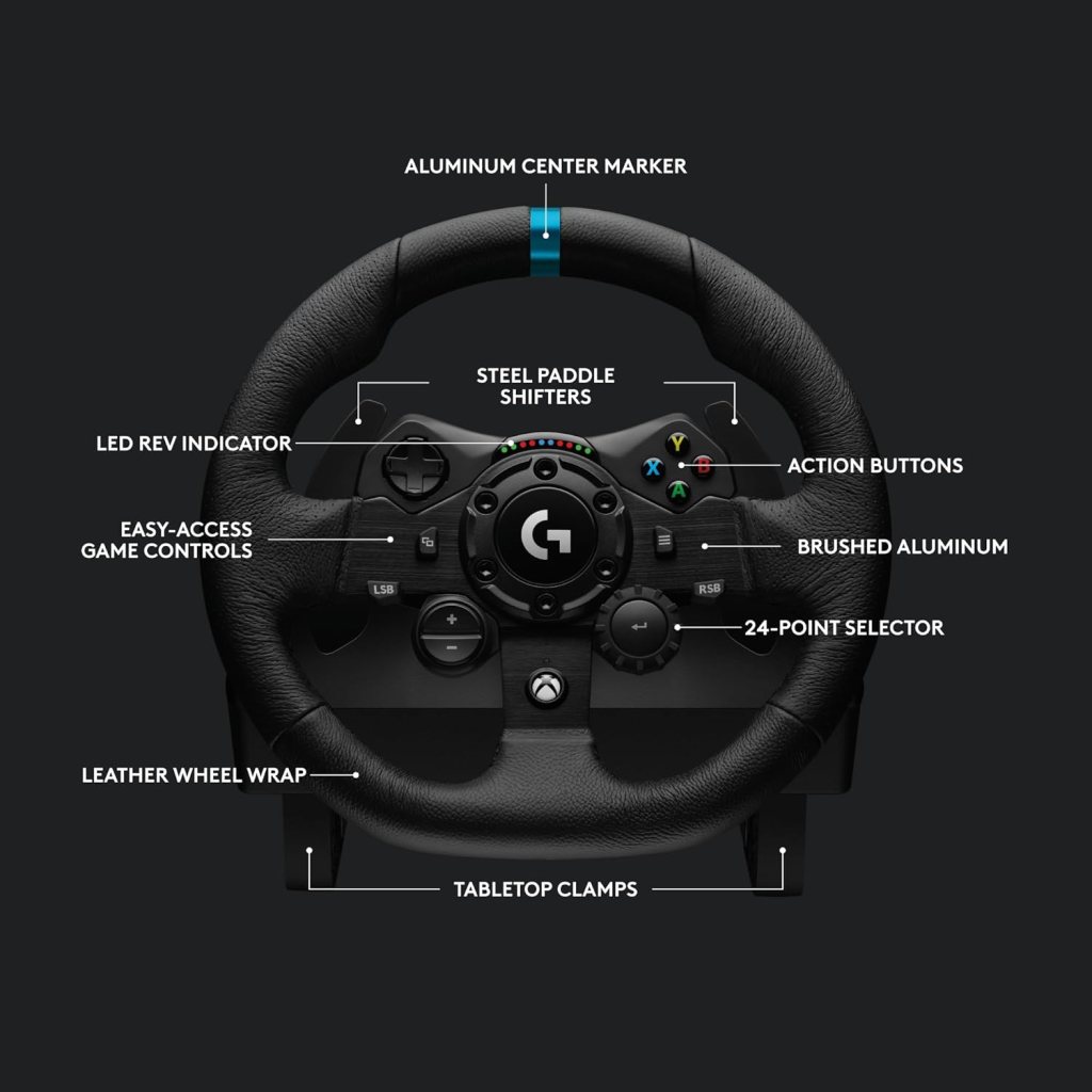 Logitech G923 Racing Wheel and Pedals, TRUEFORCE up to 1000 Hz Force Feedback, Gaming Steering Wheel PS5, PS4, PC, Mac, Genuine Leather- Black