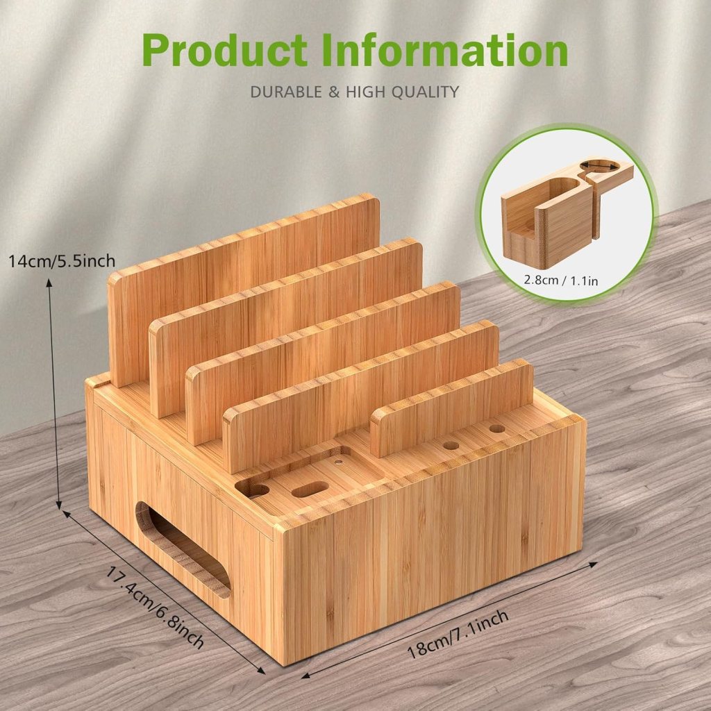 Pezin  Hulin Bamboo Multiple USB Charging Station for Phones and Tablets, All-in-one Organizer Dock for Watch, Earbuds - with 6 Cables, 5 Ports Hub Charger