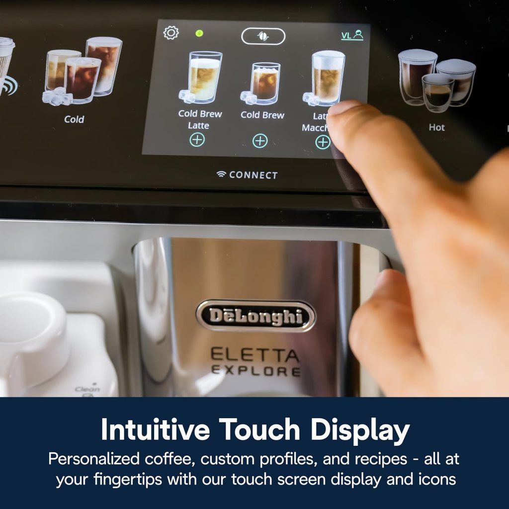 DeLonghi Eletta Explore Espresso Machine with Cold Brew, Hot  Cold Milk Frother - 50+ Recipes, Built in Grinder, User Profiles, Smartphone Compatible with Bean Adapt Technology for Ideal Extraction