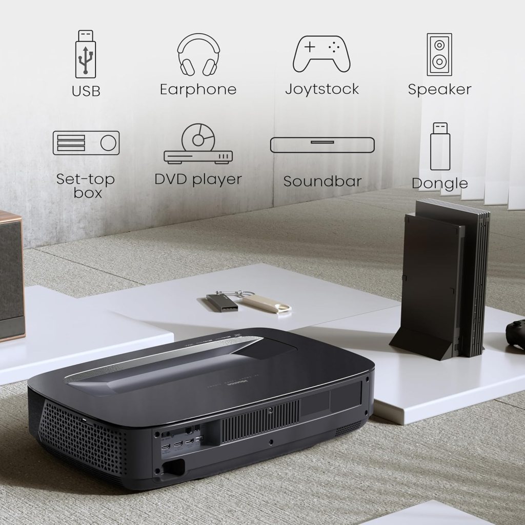 Hisense PL2, Ultra Short Throw Home Theater Laser Projector, 80” – 150”, 4K UHD, 2,700 Lumens, 3000:1 Contrast, Dolby Vision Atmos, 3D, Google TV, WIFI 6E Hisense PL2, Ultra Short Throw Home Theater Laser Projector, 80” – 150”, 4K UHD, 2,700 Lumens, 3000:1 Contrast, Dolby Vision Atmos, 3D, Google TV, WIFI 6E