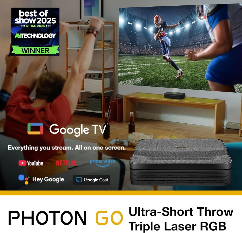 Optoma ML1080UST PHOTON GO Ultra Short Throw 1080p HDR10 Portable Projector, Triple Laser (RGB), Onboard Google TV with Netflix and Disney+ Certified, Built-in Battery, Wi-Fi  Bluetooth