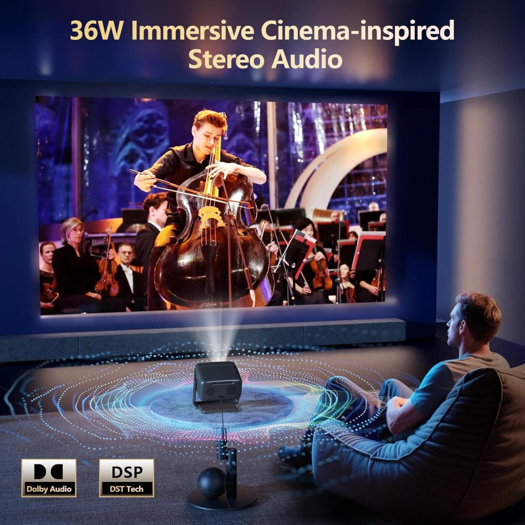 2500 ANSI/ Official Apps/360°Stand 4K Projector with WiFi and Bluetooth, Auto Focus, Auto Keystone Short Throw Projector Native 1080P Support 36W DoIby Audio Smart Projector