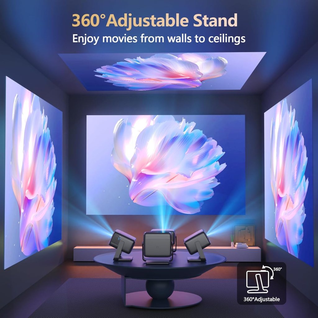 2500 ANSI/ Official Apps/360°Stand 4K Projector with WiFi and Bluetooth, Auto Focus, Auto Keystone Short Throw Projector Native 1080P Support 36W DoIby Audio Smart Projector