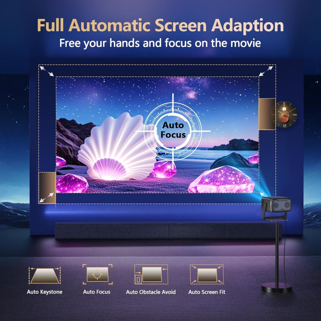 [2500 ANSI/ Official Apps/50W Audio] Outdoor 4K Projector with WiFi and Bluetooth, Auto Focus, Auto Keystone Smart Projector Support DoIby Audio, 2026 Upgrade GO2 Short Throw Projector with 360°Stand