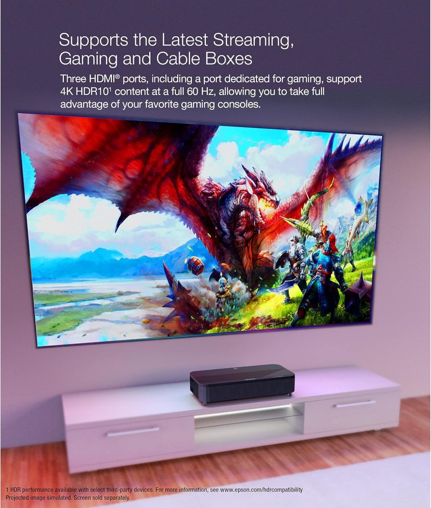 Epson EpiqVision Ultra LS800 Ultra Short Throw 3-Chip 3LCD Smart Streaming Laser Projector, 4,000 Lumens, 4K PRO-UHD, HDR, 150 Class, Android TV, 2.1ch Yamaha Built-in Speakers - Black (Renewed)