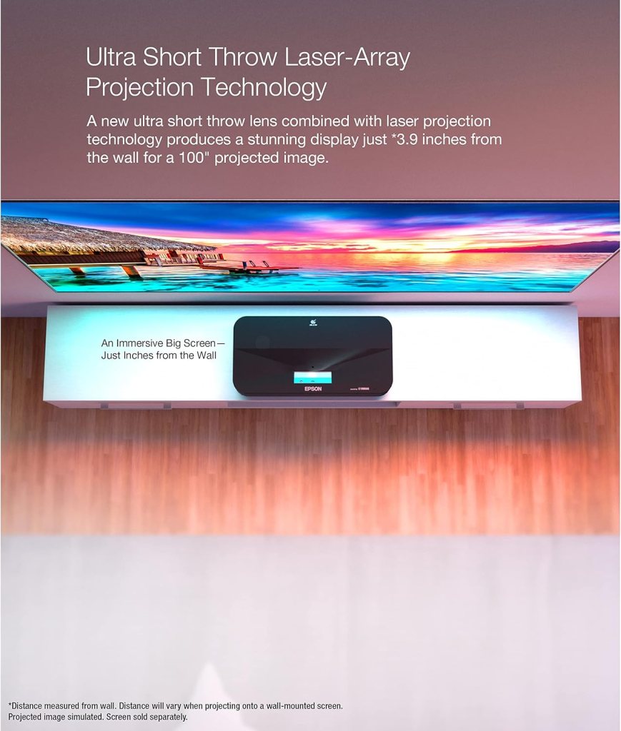 Epson EpiqVision Ultra LS800 Ultra Short Throw 3-Chip 3LCD Smart Streaming Laser Projector, 4,000 Lumens, 4K PRO-UHD, HDR, 150 Class, Android TV, 2.1ch Yamaha Built-in Speakers - Black (Renewed)