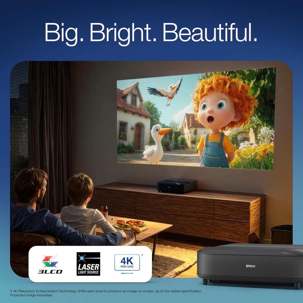 Epson Lifestudio Grand Ultra Short Throw Laser Projector 4K PRO-UHD, Sound by Bose Technology and Downloadable App, Built-In Google TV for Easy Streaming, Plus 3-Chip 3LCD Technology - Black