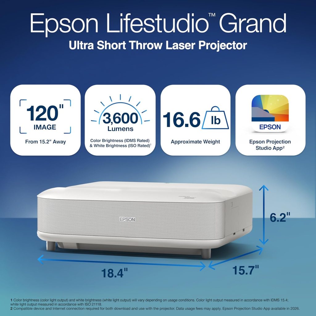 Epson Lifestudio Grand Ultra Short Throw Laser Projector 4K PRO-UHD, Sound by Bose Technology and Downloadable App, Built-In Google TV for Easy Streaming, Plus 3-Chip 3LCD Technology - White